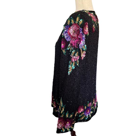 VTG BRILLIANTE BY J.A Silk Sequin Jacket Beaded Floral 80’s 90’s Glams Retro L - Picture 2 of 10